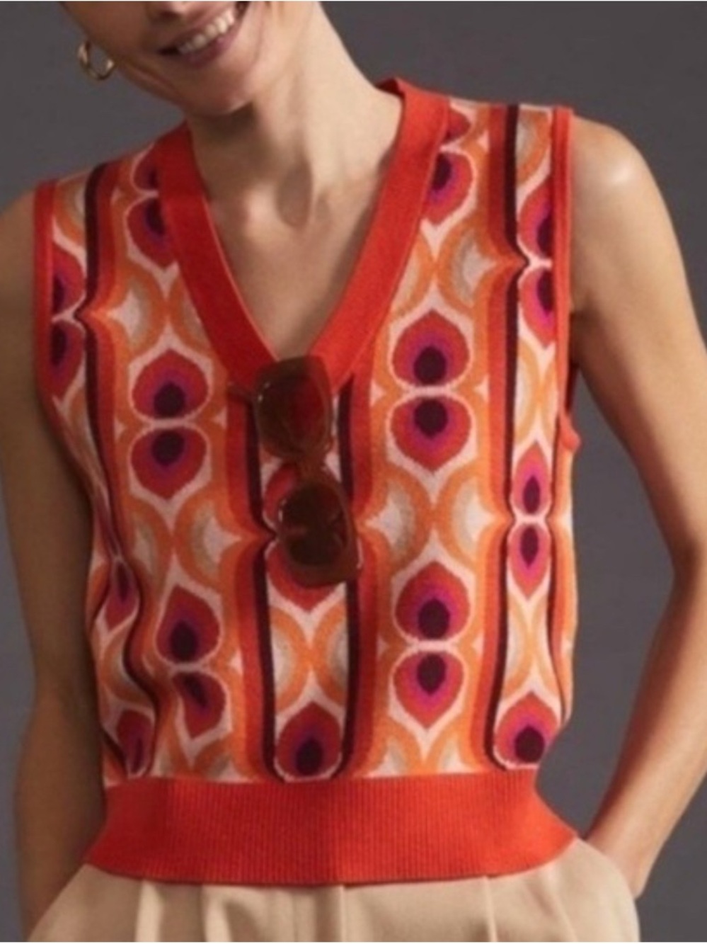 Anthropologie Maeve Red Orange V-Neck Knit Vest